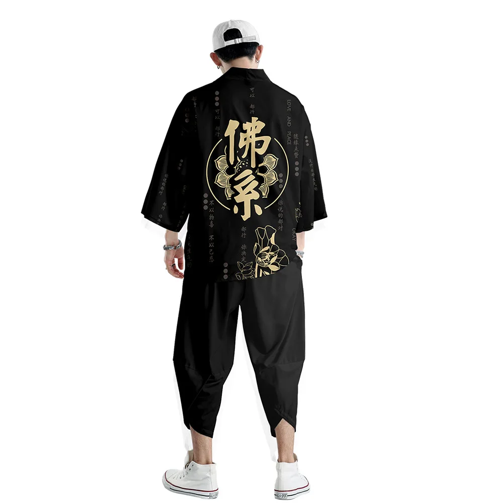 

Japanese Cardigan Women Men Yukata Clothing Harajuku Kimono + Pants Sets Chinese Buddhism Style Two-piece Suit 4XL 3XL 6XL 5XL