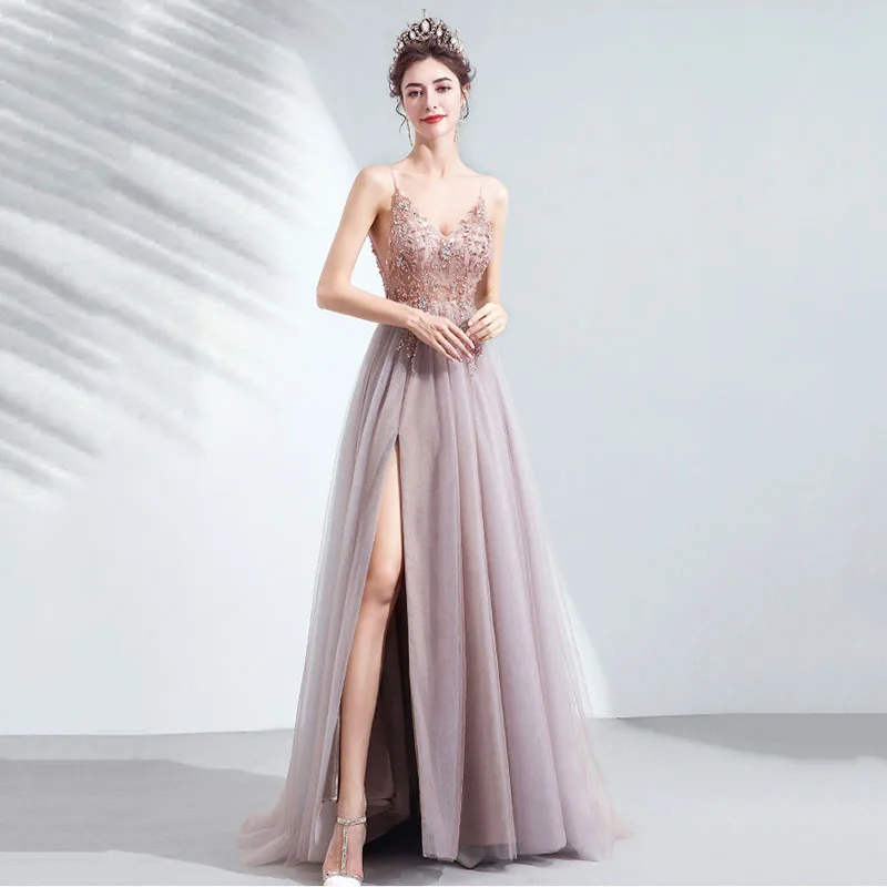 Sexy Spaghetti Straps Evening Dresses New Arrival V-Neck Rhinestones Beading Formal Prom Gowns With Slit Robe De Soiree