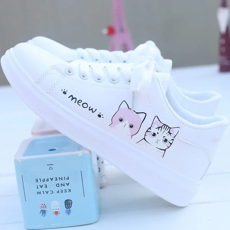 New Fashion Lace-up Women Sneakers Woman Casual Shoe Printed Summer Women's Pu Shoes Cute Cat Canvas White Shoe Zapatillas Mujer