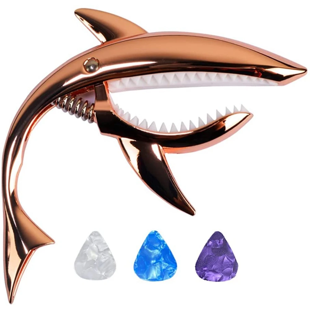 

Shark Guitar Capo Zinc Alloy Capo for Acoustic Electric Classical Guitars and Bass Ukulele Capo with Pick,Rose Gold