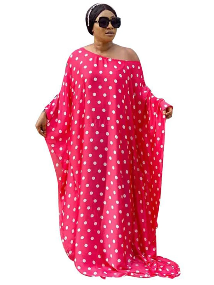 

4XL Plus Size Dresses For Women Skew Neck Batwing Sleeve Loose Robes 2022 Fashion New Dot Print Streetwear Maxi Dress Vestidos