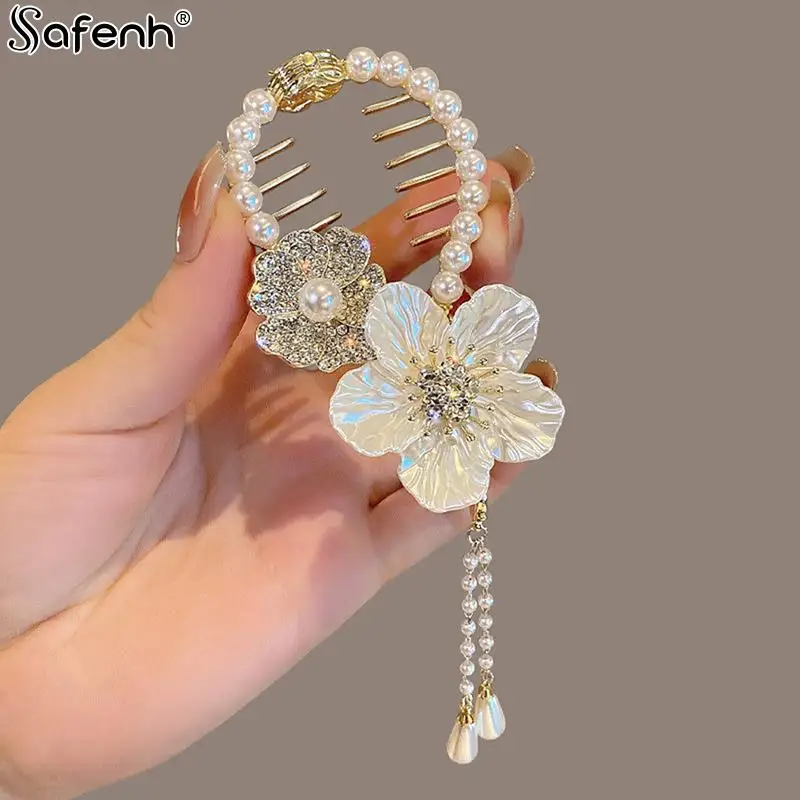 

Hair Clip Fashion Camellia Frog Buckle Women Girls Rhinestone Pearl Tassel Style Hairpin Barrette Hair Pins Ponytail Hair Access