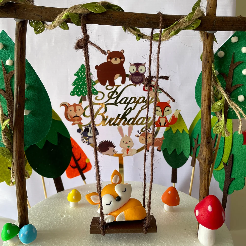 

Woodland Forest Theme Party Cake Decorations Swing Fox Tree Kids Birthday Cake Topper Supplies