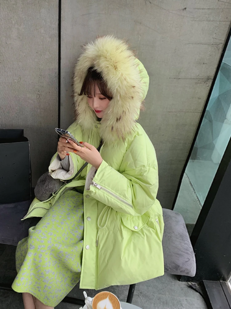 

OFTUBY 2022 новая зимняя куртка Женское пальто 90% белый утиный пух куртка натуральный мех енота воротник с капюшоном однотонная теплая уличная о...