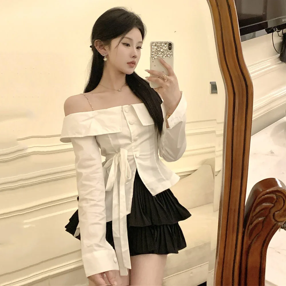 Рубашка женская с открытыми плечами пикантная блузка цепочкой и длинным рукавом