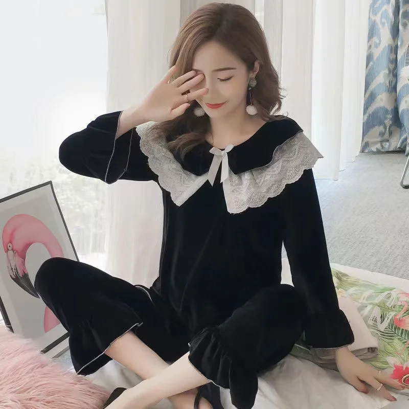 Autumn Winter Gold Velvet Pajamas Sets For Women V-Neck 2Pcs Pyjamas Long-Sleeved Home Clothes Elegant Sleepwear Homewear