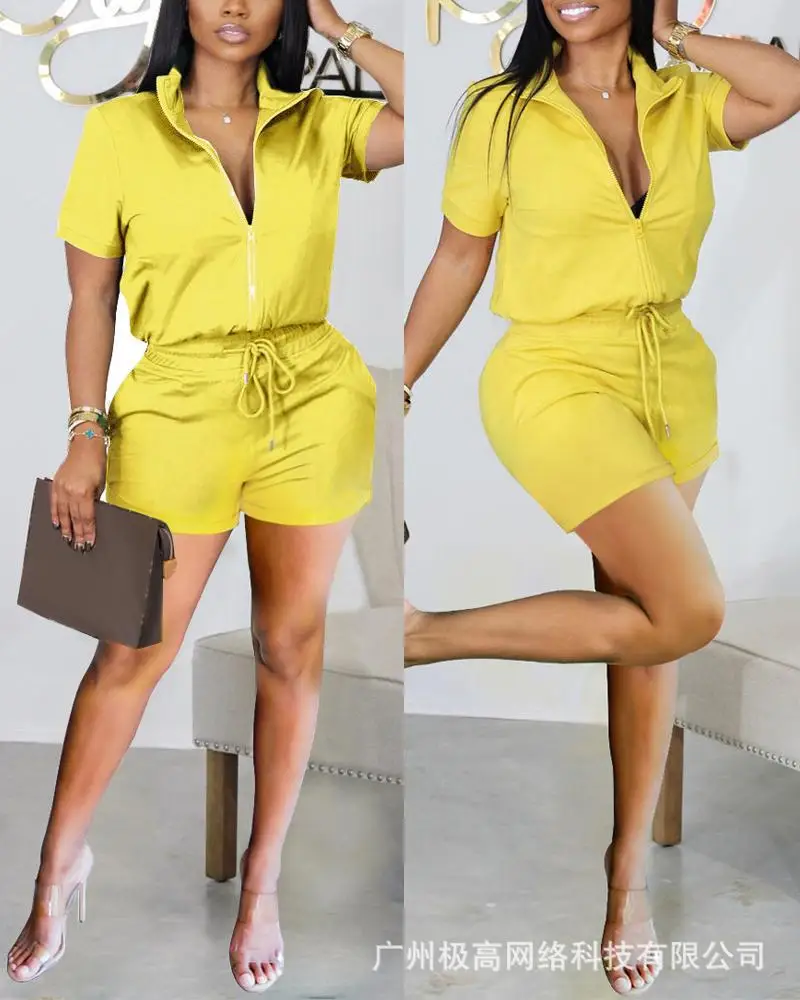 

Casual Zip Up Top & Drawstring Shorts Set Women Spring Summer Solid Color Clothes Suit Zipper T Shirt Shorts Pants