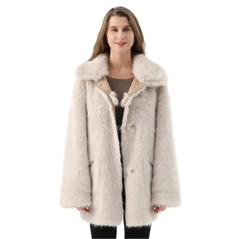 Women Winter Real Suede Long Jacket Single Breasted Lapel Pocket Real Fur Coat Fashion Designer Thermal Elegant women's Clothing