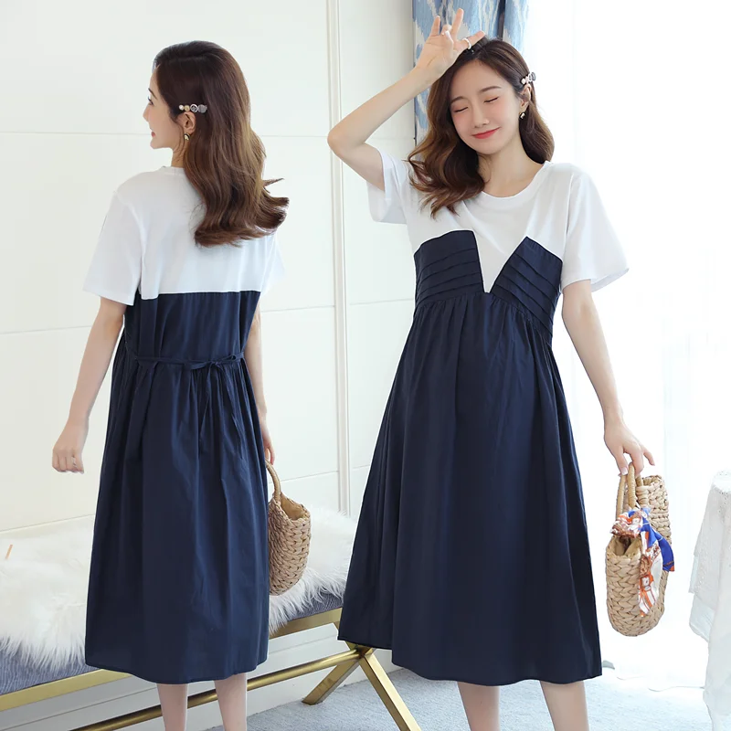 

1827# 2022 Summer Korean Fashion Patchwork Maternity Long Dress Elegant A Line Slim Clothes for Pregnant Women Chic Pregnancy