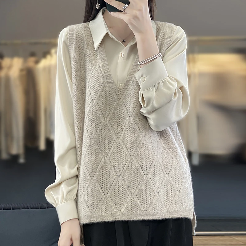 

Sleeveless Pullover Sweater Vest Women 2023 Autumn New Loose Net Red V-neck Waistcoat Wool Knitted Vest Women