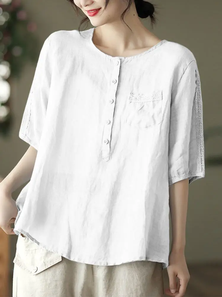 

Винтажная летняя блузка ZANZEA с коротким рукавом, Женская Повседневная однотонная Свободная рубашка с круглым вырезом, Женская туника на пуговицах, топы, свободные рабочие блузы 2023