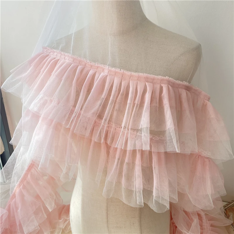 3 Yards Pink White Pleated Tulle lace trim 3 Layers Ruffled trim Frill trim For DIY Sewing Costume Apparel Tutu Dress Cupcake