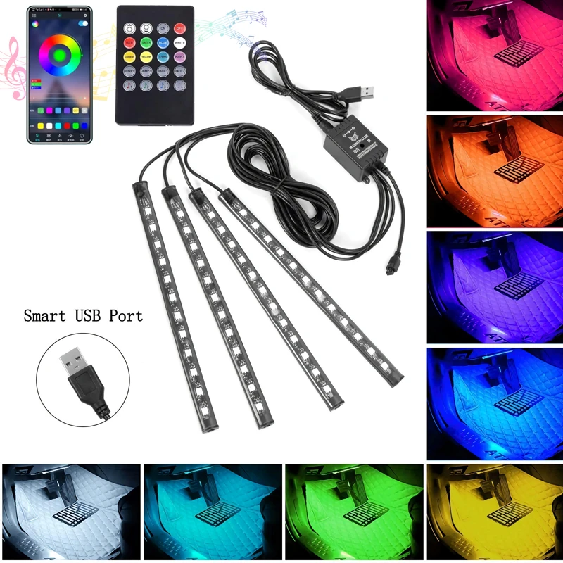 

Светодиодная Автомобильная ножная лампа с USB, неоновая декоративная светодиодная лента для салона автомобиля, 18/36/48/72 светодиосветодиодный,...