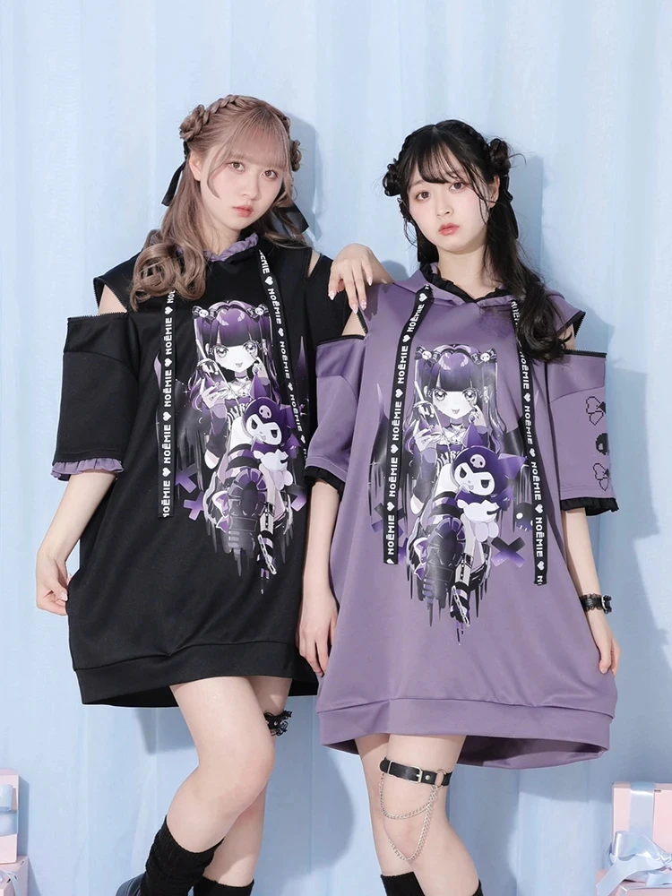 Женский пуловер с капюшоном Sanrio Kuromi футболка свободного покроя коротким рукавом