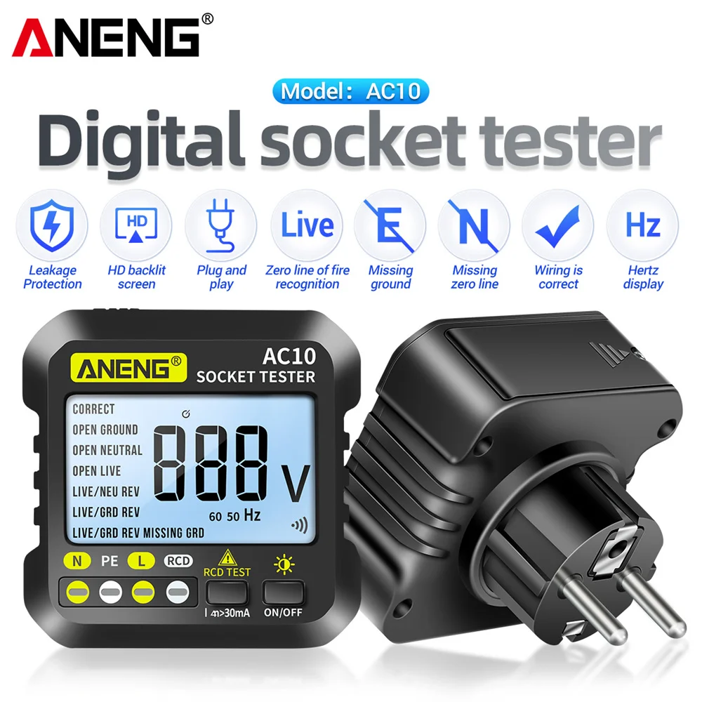

ANENG AC10 Socket Tester Plug Detector Zero Line Plug Polarity Phase Check Phase Detector US EU Plug Multimeter Digital Tester