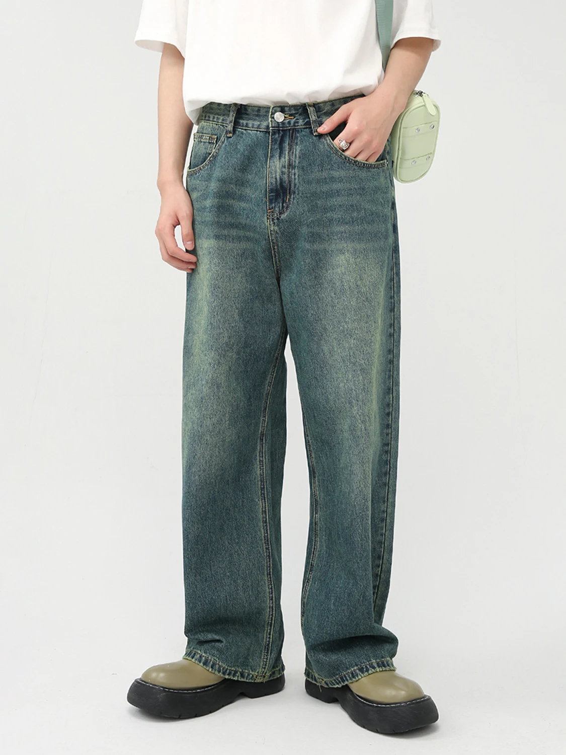 

HOUZHOU Distressed Jeans Men Harajuku Y2K Green Denim Trousers Male Pink Straight Leg Pants Purple Japanese Streetwear Hip Hop