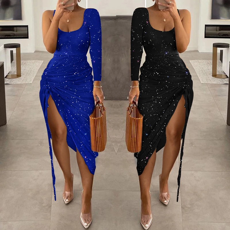 

Elegant U Neck Glitter Drawstring Ruched High Slit Bodycon Dress Summer Holiday Sequins Dress Party Clubwear Sexy Women
