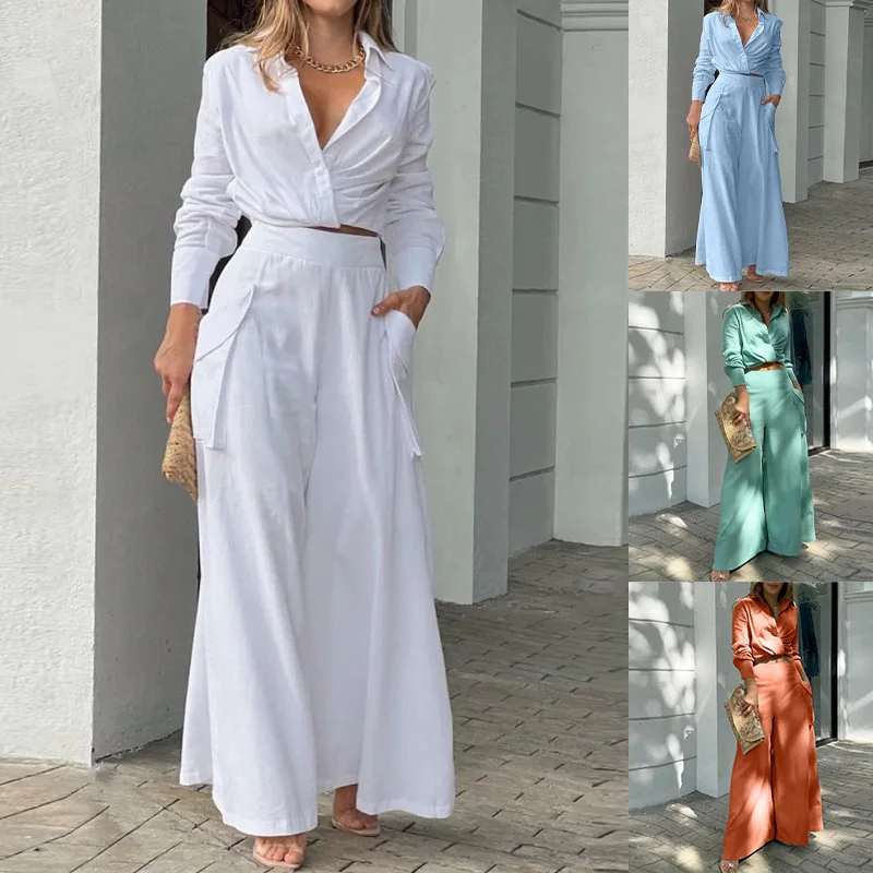 

Autumn 2022 European and American Women's New Two-piece Simple Solid-color Shirt Fashion Casual Suit