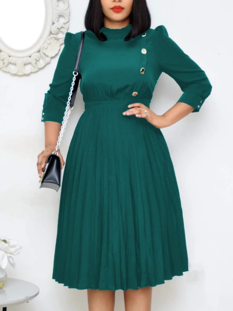 

Женское плиссированное платье с завышенной талией и пуговицами, модное элегантное классическое офисное платье до колена, большие размеры