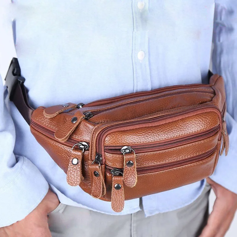 

Belt Pocket Bag Genuine Large Leather Men's Men For Pack Bag Waist Men's Zipper Outdoor Fanny 7 Capacity