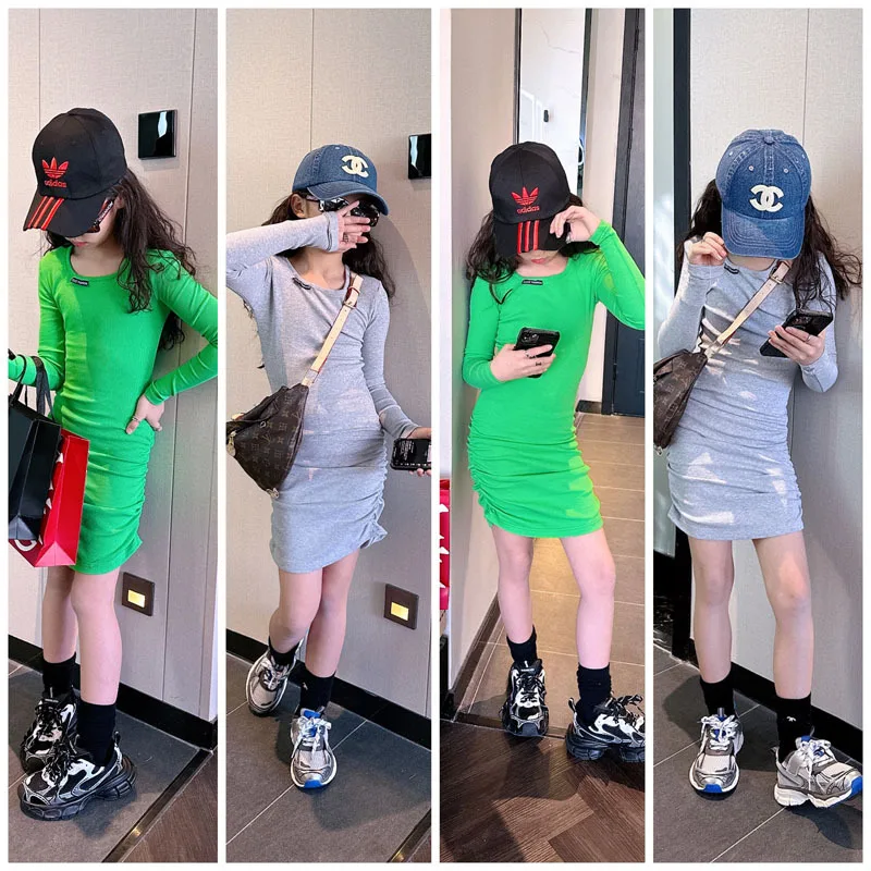 

Dresses For Girls Baby One-piece Dress Long Sleeve Tight Sexy Teens Clothes Green Grey Tops 8 10 12 years old