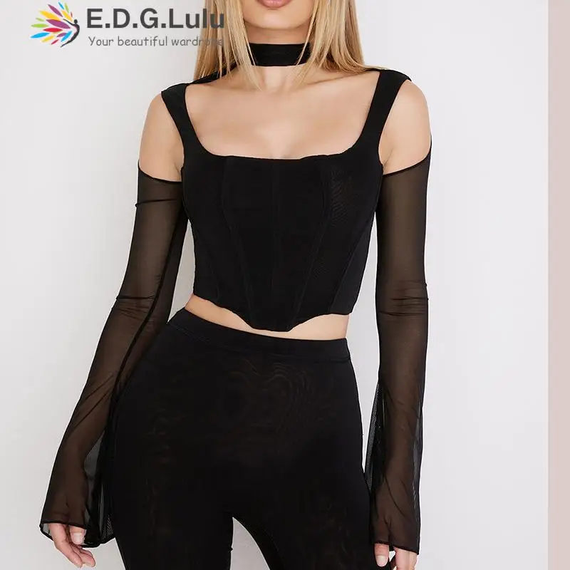 

EDGLuLu Square Collar Off Shoulder See Through Mesh Long Sleeve Sexy T Shirt Hollow Out Backless Asymmetry Black Crop Top 1129