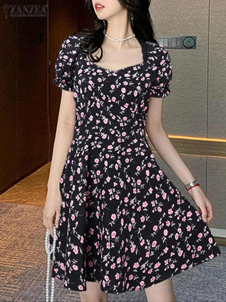 

ZANZEA Bohemian Flower Printed Short Dresses Sweety Summer A-line Sundress 2023 Women Holiday Square Collar Waisted Mini Robes
