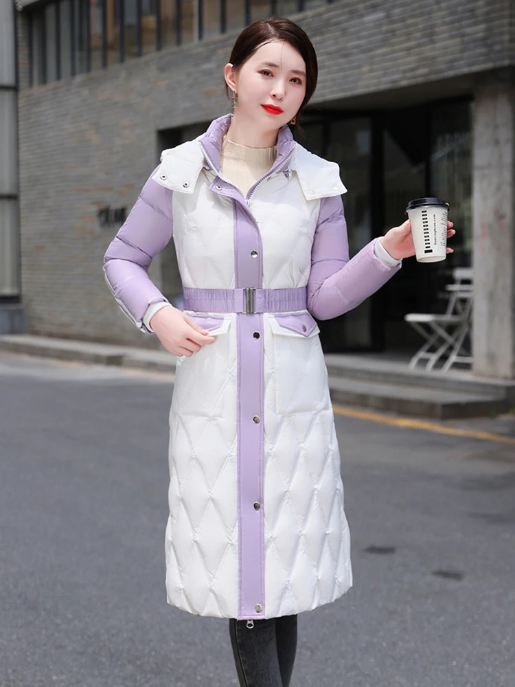 New Women Winter Down Coat Fashion Hooded Color Blocking Strecth Belt Long Thicken Slim White Duck Down Jacket Female Outerwear