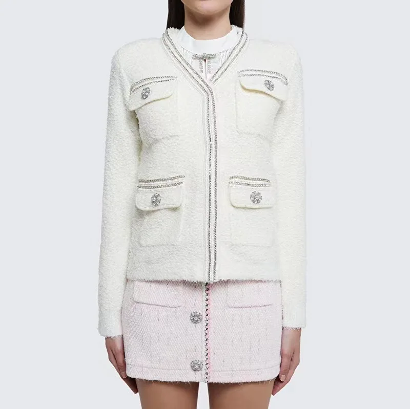 

Women Cardigan Tweed Rhinestone Beading Trim V-Neck Long Sleeve Single Breasted Elegant Coat with Pockets