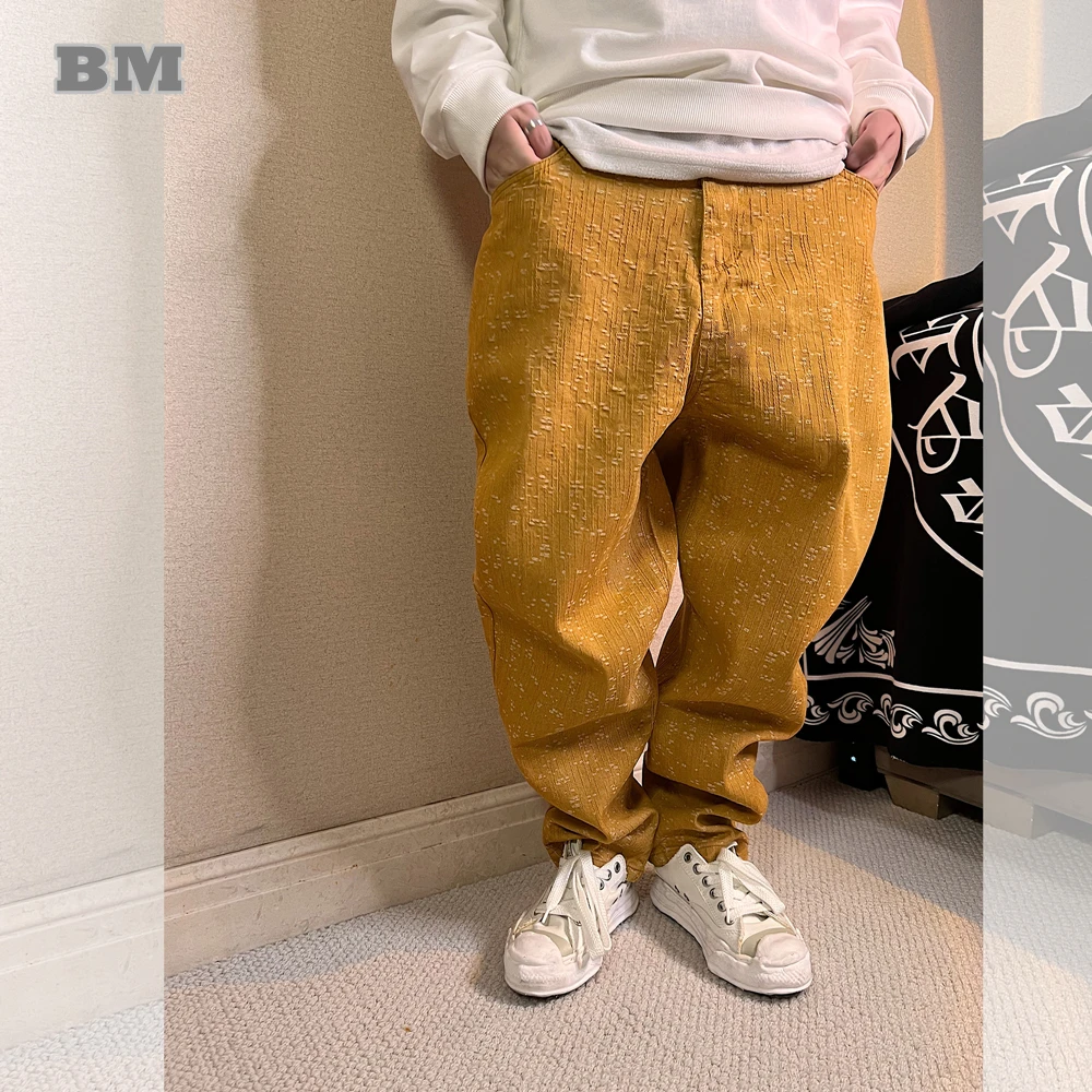 

Japanese Streetwear Hip Hop Loose Cargo Pants Korean Couple Skateboard Jeans Harajuku Bark Jacquard Straight Harem Trousers Men