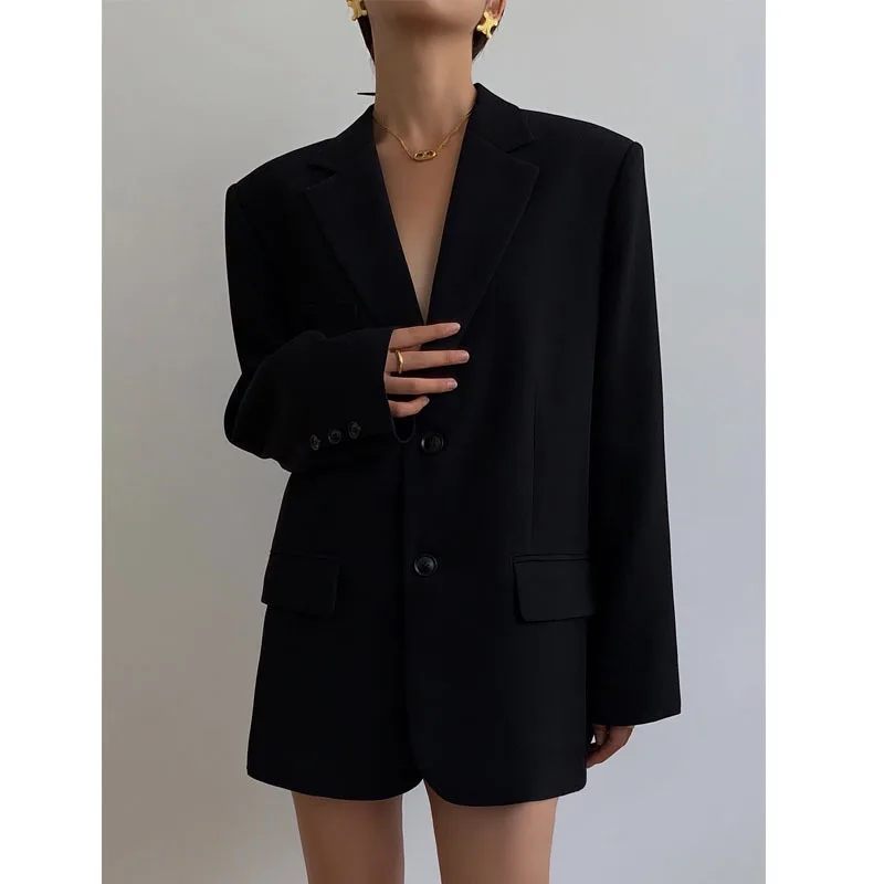 

LuckBN Women's New Suit Coat 2023 Autumn Korean Version Loose Retro Casual Solid Black Small Suit Women's Cardigan Coat
