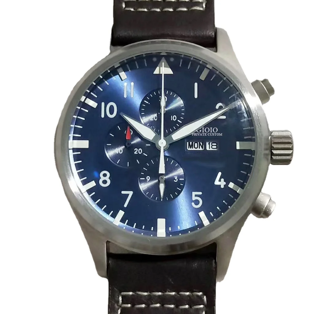 

Men Pilots Quartz Chronograph Black Leather Blue Watch