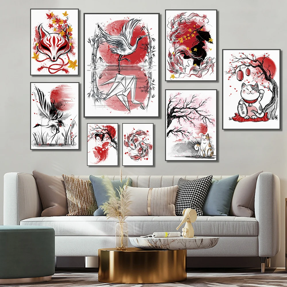 

Japanese Geisha Watercolor Canvas Painting Cherry Blossom Lucky Cat Landscape Poster and Print Living Room Home Decor