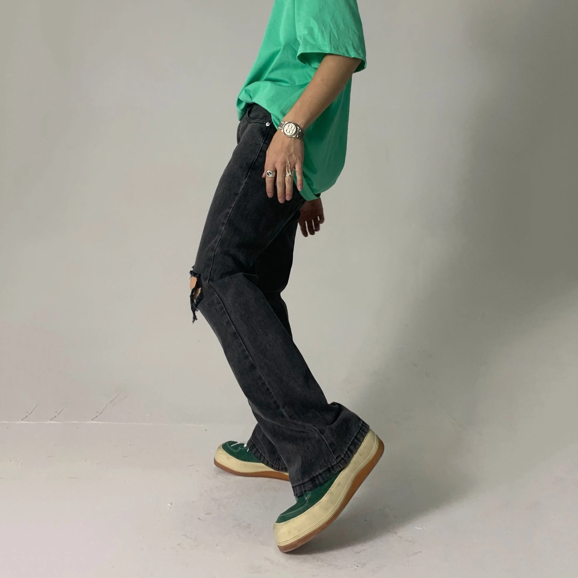 Black and Gray Ripped Jeans Korean Version of The Trend Y2k Pants Men's Micro-flare Loose Trousers Men's and Women's Same Style