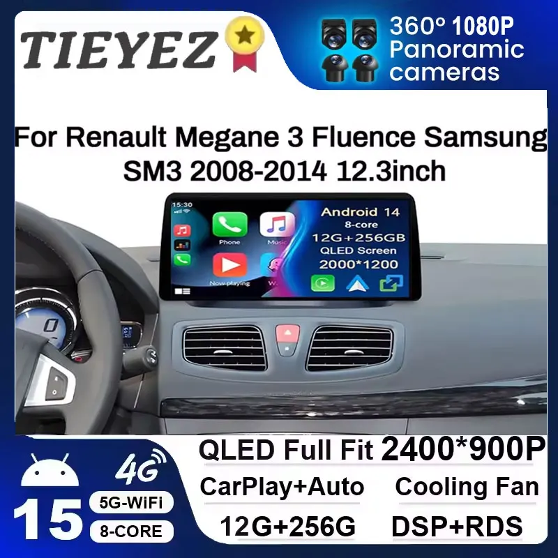 Фото 12,3-дюймовый Android 15 для Renault Megane 3 Fluence Samsung SM3 2008 2009 2010-2014 BT Carplay Автомобильный радиоприемник Мультимедийный сенсорный экран №1