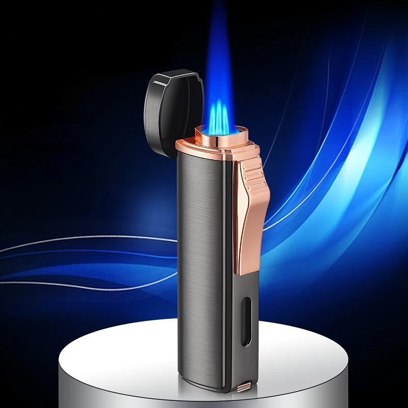 

New Three Straight Windproof Cigar Drill Metal Gas Lighters Smoking Set Gift