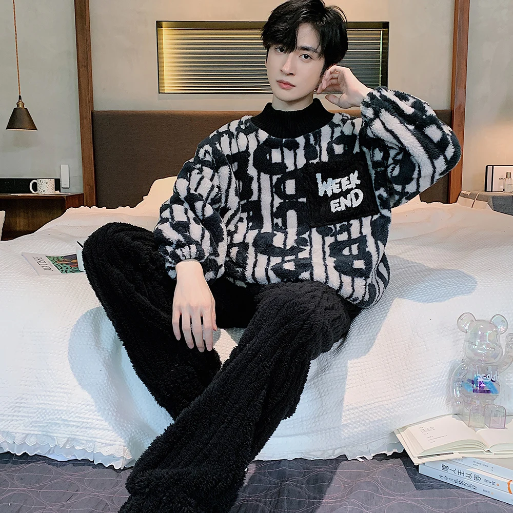 QUHENG Flannel Men Pajama Sets Thick Warm Long Sleeve 2022 Winter Cartoon Coral Velvet Man Sleepwear Suit Pyjamas Homewear