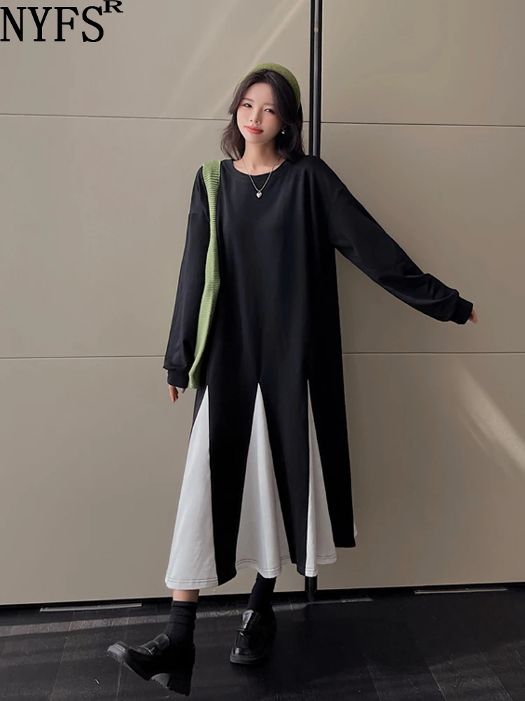 

NYFS 2023 Autumn New Korea Woman Dress Vestidos Robe Femme Elbise Loose Plus Size Patchwork O-Neck Long Dress