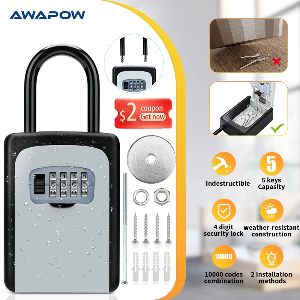 

Awapow Password Lock Storage Box Outdoor Weatherproof Wall Mount 4 Digit Combination Metal Password Key Box Home Key Safe Box