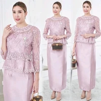 straight mother of the bride dresses jewel neck lace ankle length guest wedding party gowns 34 long sleeve sheath evening dress