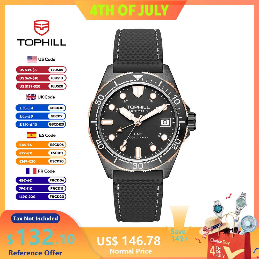 Фото Мужские часы Tophill NH34 GMT с автоматическим механизмом, керамическим безелем, светящимся циферблатом Bgw9, сапфировым стеклом, водонепроницаемостью 100 м, часы для дайвинга. №1