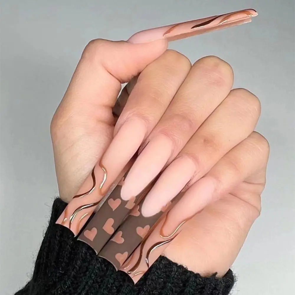 

24pcs Detachable Full Cover Love Heart False Nails Super Long Fake Nails Water Pipe Nail Brown Wavy