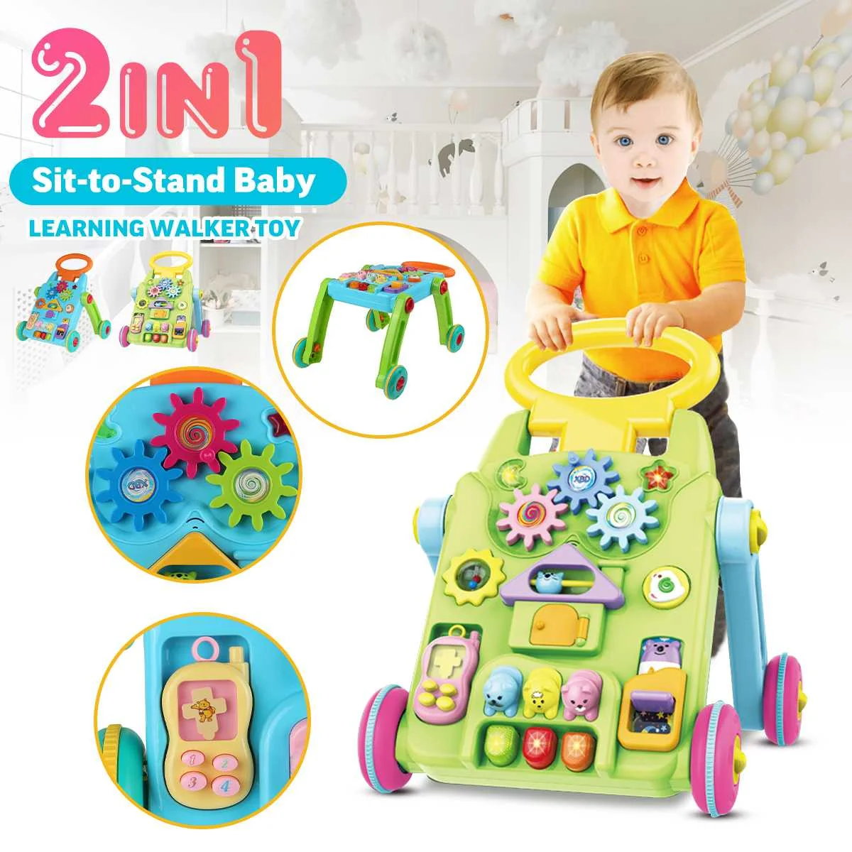 

2 in 1 Baby Walker Toddler Trolley Adjustable Sit-to-Stand Educational Musical Walker Foldable Baby Balance Walker Kid Early Toy