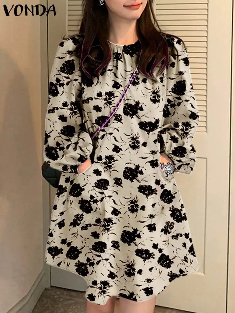 

VONDA Women Summer Mini Dress 2023 Bohemian Printed Vintage Long Lantern Sleeve Party Sundress Elegant Loose Vestidos