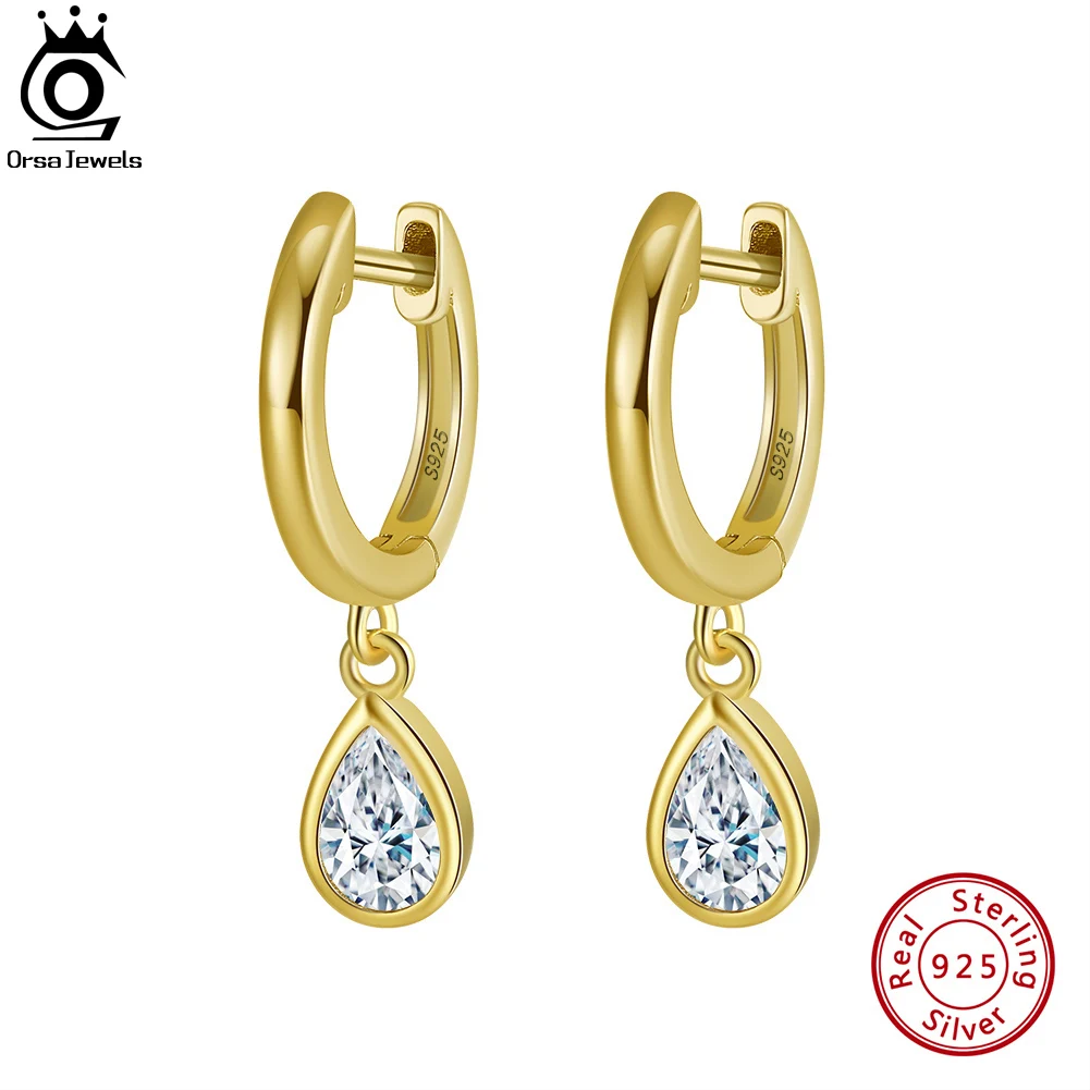 

ORSA JEWELS 925 Sterling Silver Dainty Hoop Earrings 14K Gold Plated Cubic Zirconia Dangle Huggie Earings for Women APE50