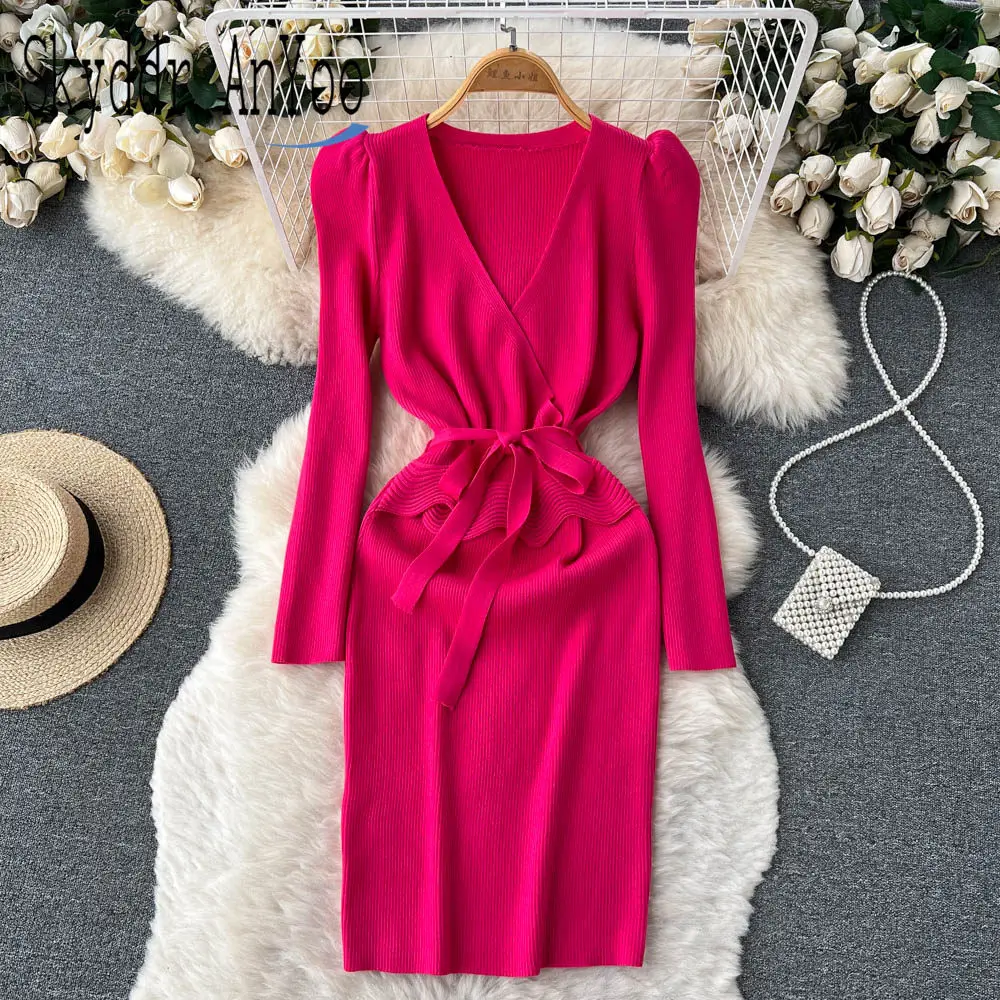 

Женское трикотажное платье с длинным рукавом, облегающее элегантное платье-свитер в Корейском стиле, Осень-зима