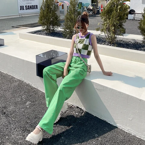 Spring Summer Women's Jeans Baggy Straight Cotton Fashion Streetwear Purple High Waist Casual Pant Wide Leg Korean Denim Trouser
