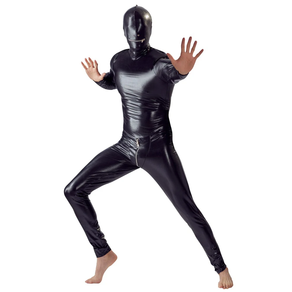 

Men's Wetlook Zentai Faux Leather Hoodi Mask Bodysuit Open Crotch Tights Latex Catsuit Male Sexy Fetish Costume Clubwear XL XXL