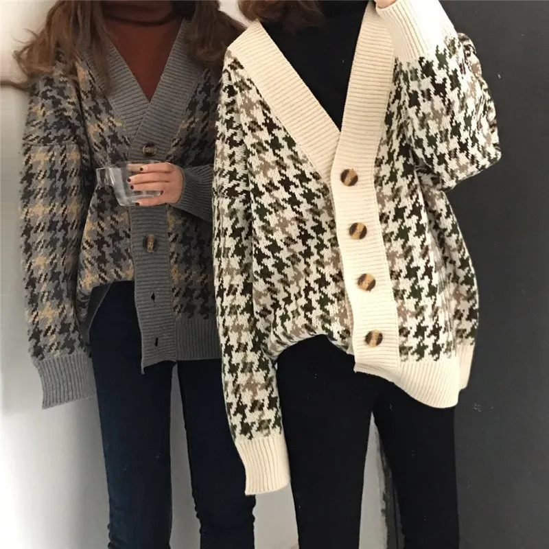 

New autumn and winter retro Hong Kong style houndstooth plaid knit cardigan coat feminine plus size sweater plaid loose coat