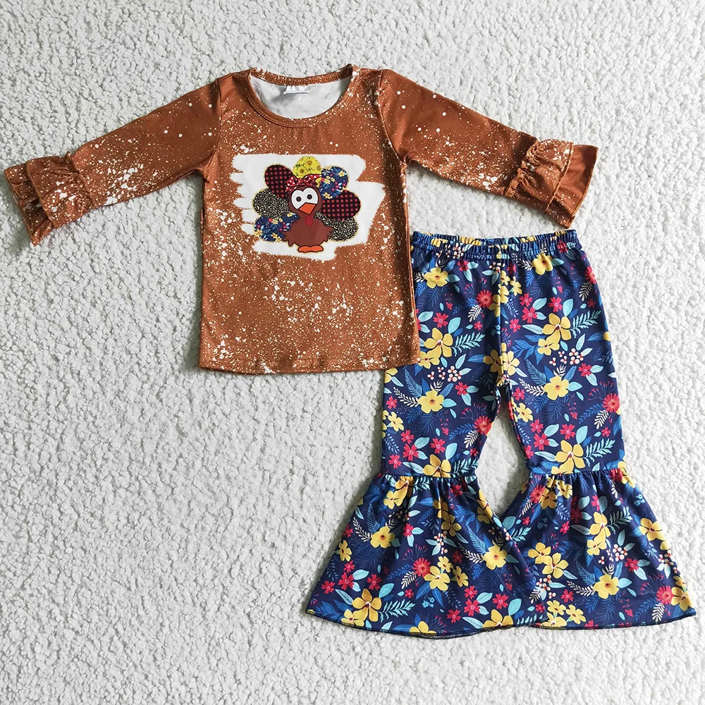 

Wholesale Baby Girl Clothes Thanksgiving Turkey Print Boutique Kids Clothes Girls Toddler Outfits Fall Girls Bell Bottoms Set